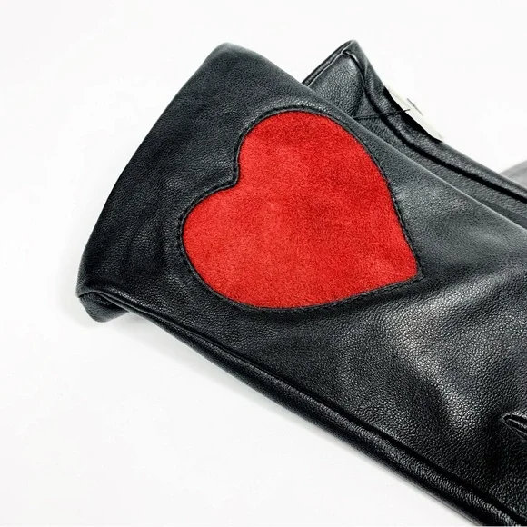 Aqua Leather Gloves w/ Red Suede Heart • Luxe Black NWT Gloves • Gift-Ready $129